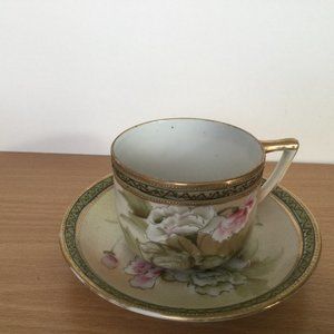 Antique Hand painted Nippon cup & saucer set gold floral eggshell porcelain